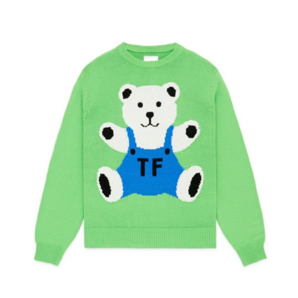 Teddy Fresh Men’s Bear Intarsia Crew Neck Sweater 2XL Green Preppy Cyber Grunge